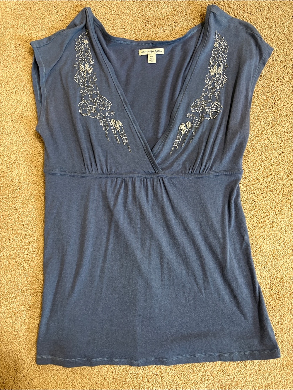 American Eagle Outfitters Light Blue V-Neck Knit Top with Silver Tag Detail